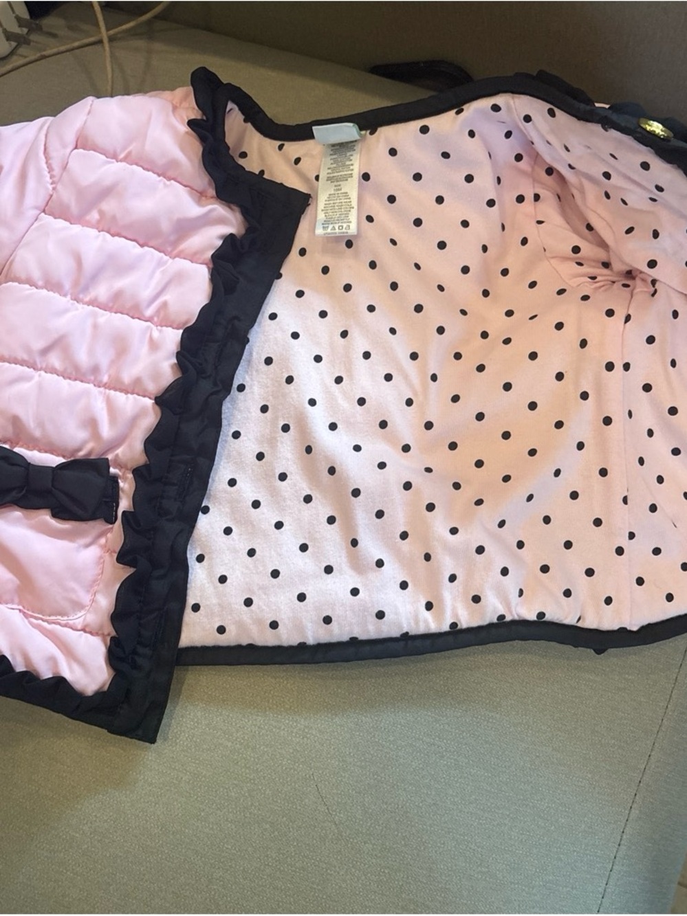 Little Me Pink Quilted Puffer Jacket with Black Trim & Polka Dot Lining
